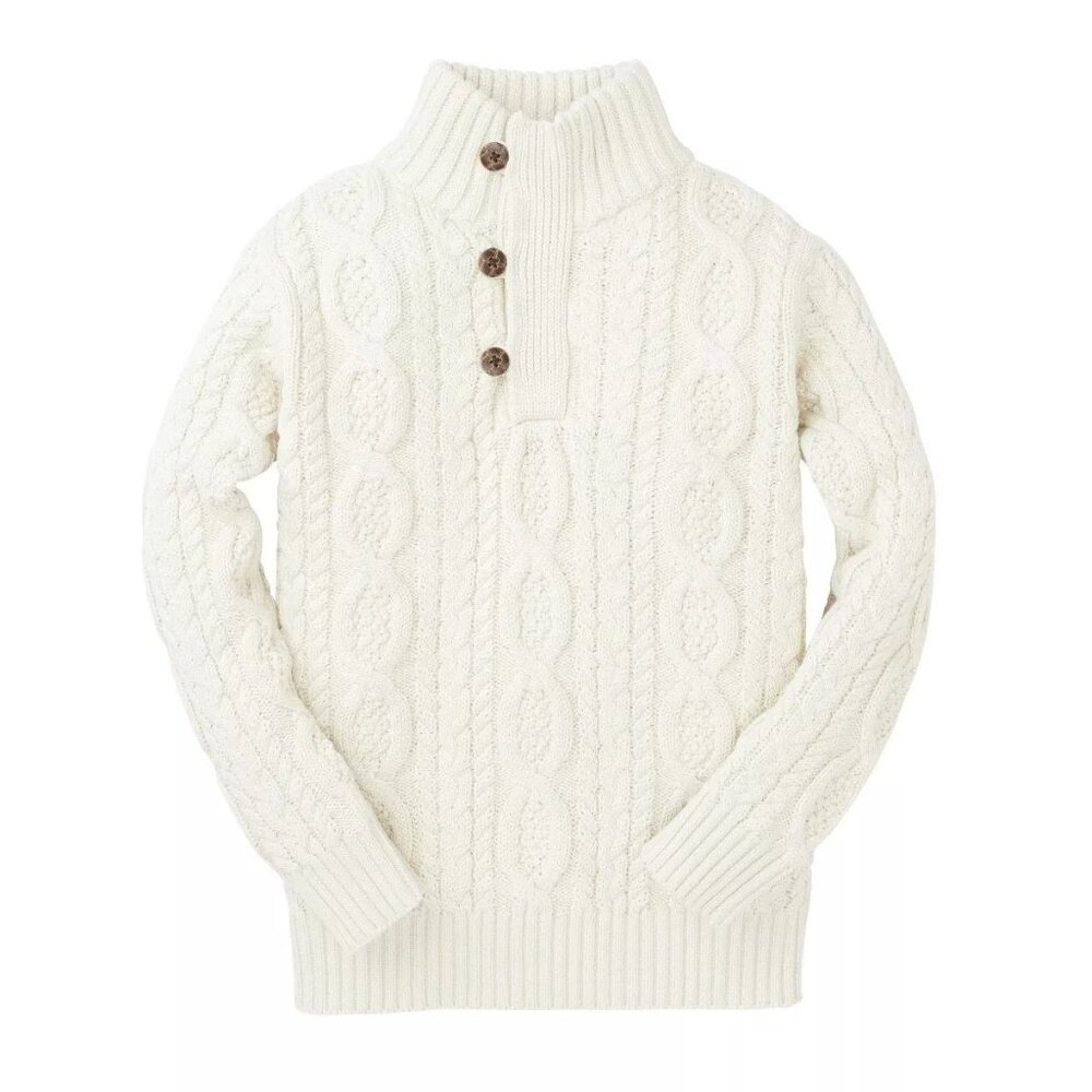 Hope & Henry Boys' Mock Neck Cable Sweater with Buttons, Soft White, Size M